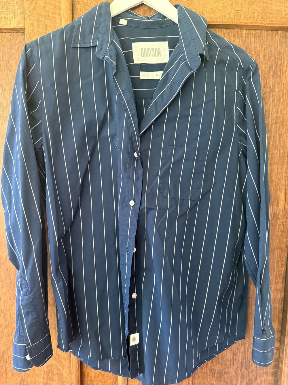 Women's Navy Stripe Button-Down Shirt Anthropologie Grayson Sz M